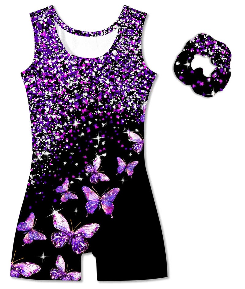 Vogseek 11-12 Years Girls Gymnastics Leotards with Hair Scrunchie Sparkle Dance Unitards Purple Butterfly's Glitter Active Biketards with Shorts for Kid Cute Tumbling Dance Outfit, Black - Image 2