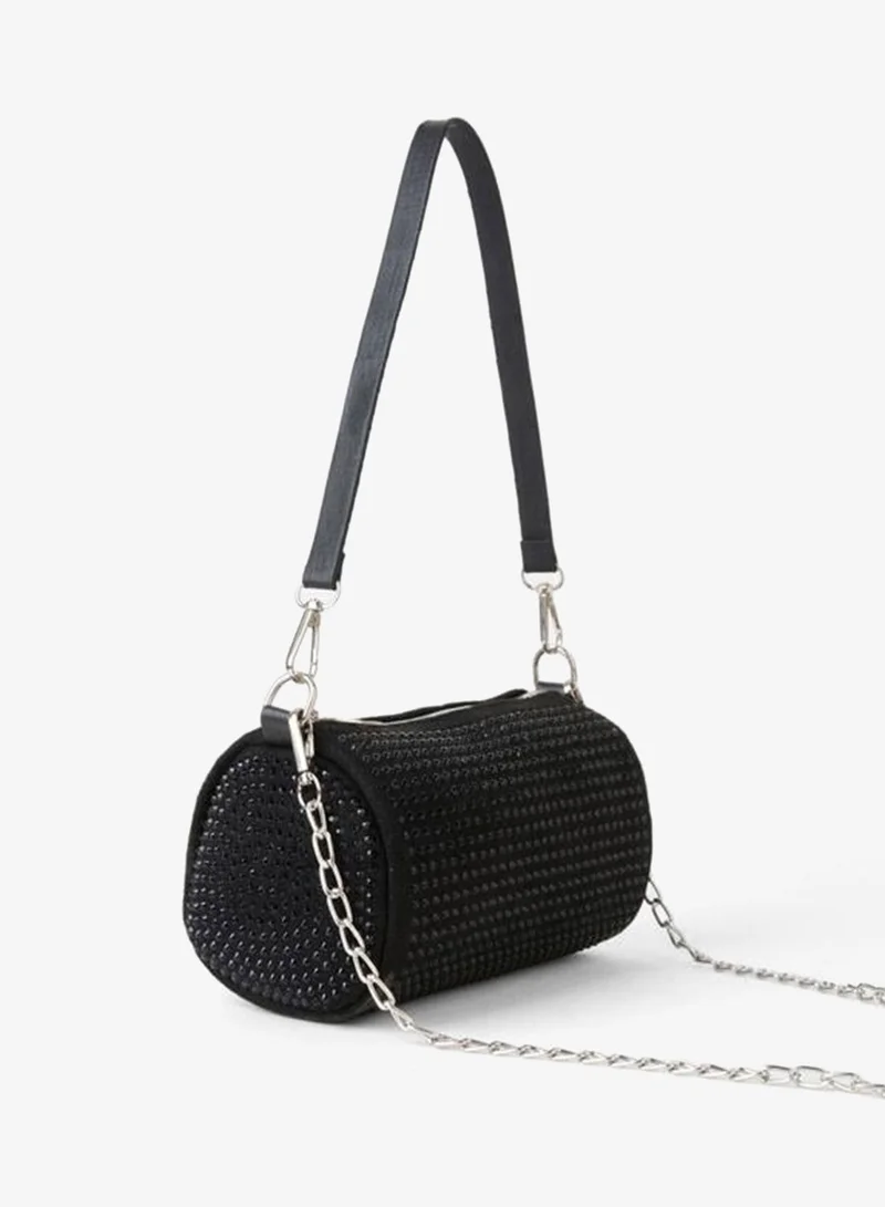 Women's Zerrin Sequential Black Stone Suede Cylinder Zipper Closure Mini Hand, Wrist, and Shoulder Bag.