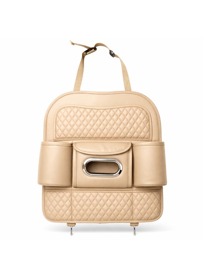 Manful Car Back Seat Organizer with Tissue Box Holder & Cup Holders – PU Leather Auto Seat Back Storage Pocket, Kick Mats Protector (Beige) - Image 1