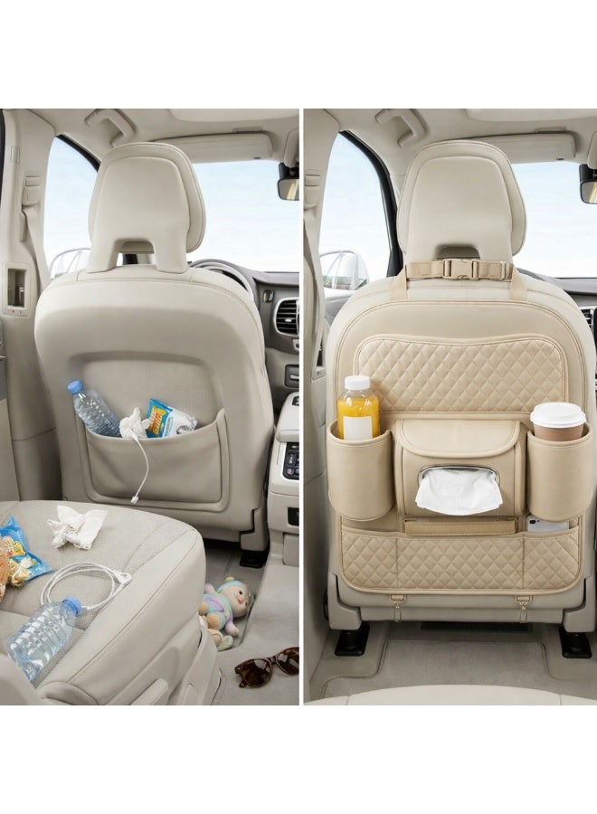 Manful Car Back Seat Organizer with Tissue Box Holder & Cup Holders – PU Leather Auto Seat Back Storage Pocket, Kick Mats Protector (Beige) - Image 5