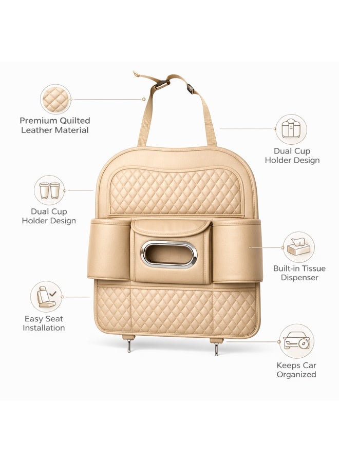 Manful Car Back Seat Organizer with Tissue Box Holder & Cup Holders – PU Leather Auto Seat Back Storage Pocket, Kick Mats Protector (Beige) - Image 4