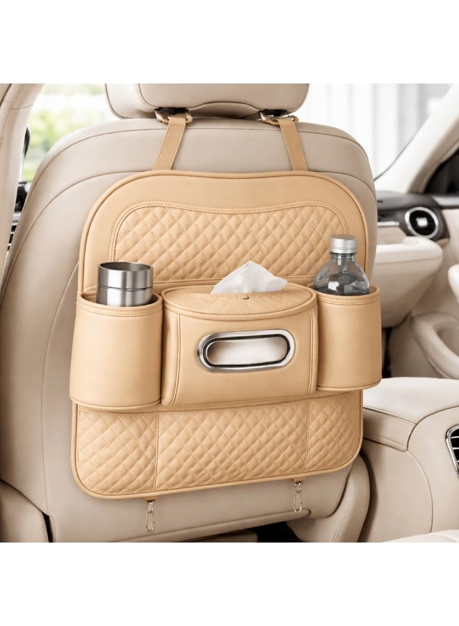 Manful Car Back Seat Organizer with Tissue Box Holder & Cup Holders – PU Leather Auto Seat Back Storage Pocket, Kick Mats Protector (Beige) - Image 2