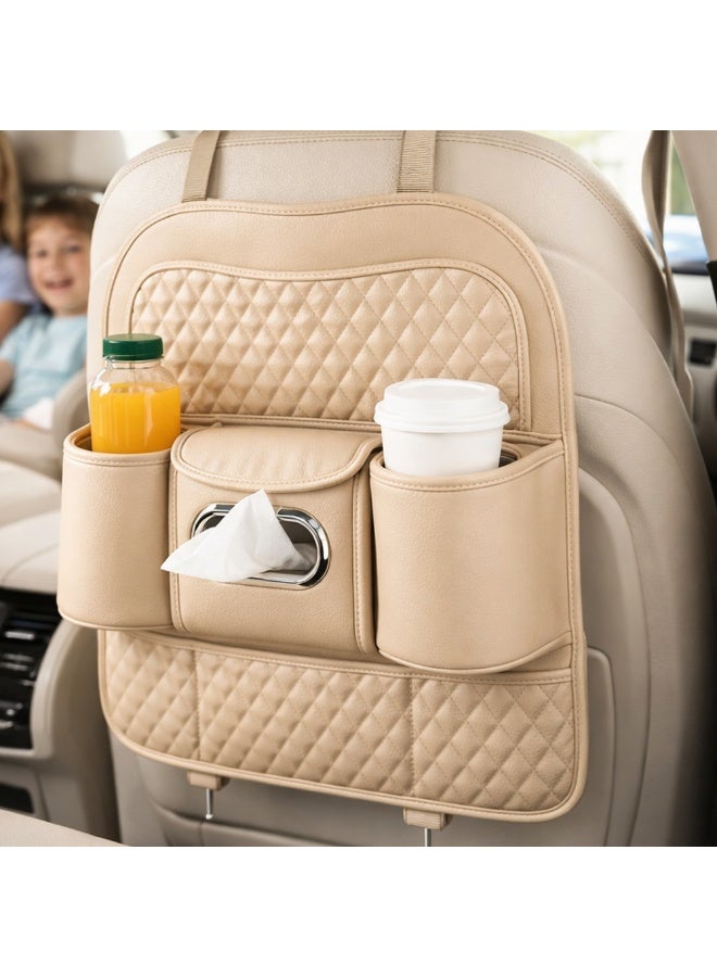 Manful Car Back Seat Organizer with Tissue Box Holder & Cup Holders – PU Leather Auto Seat Back Storage Pocket, Kick Mats Protector (Beige) - Image 3