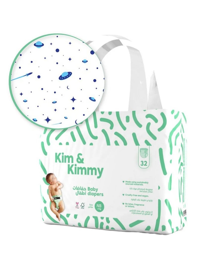 Kim & Kimmy - Space Travel Tape Style Diapers, 32 Pieces, Size 1, Up To 5kg - Ultra Thin and Soft, Leak Protection - Image 1