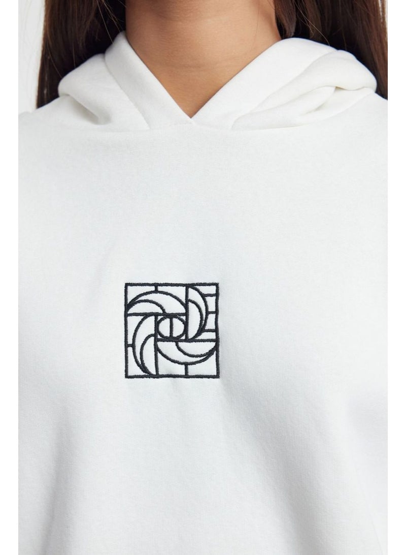 trendyol Ecru Oversize/Wide Pattern Embroidered Thick Inside Fleece Knitted Sweatshirt - Image 2