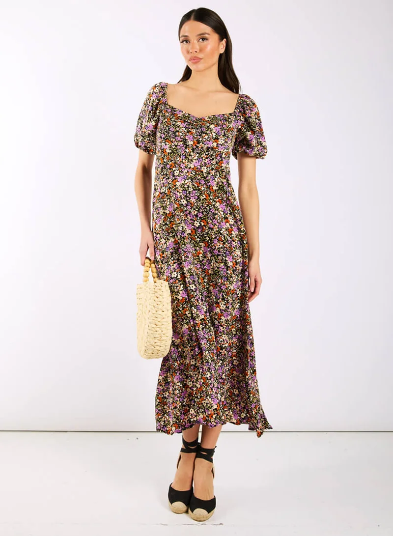 Purple Floral Sweetheart Neck Midi Dress
