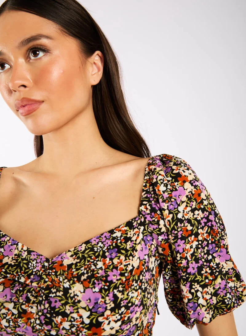 نيدز نو ليبل Purple Floral Sweetheart Neck Midi Dress