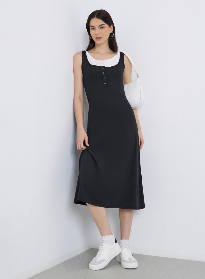 Take Two Contrast Fake Two Piece Sleeveless Midi Dress - Image 1