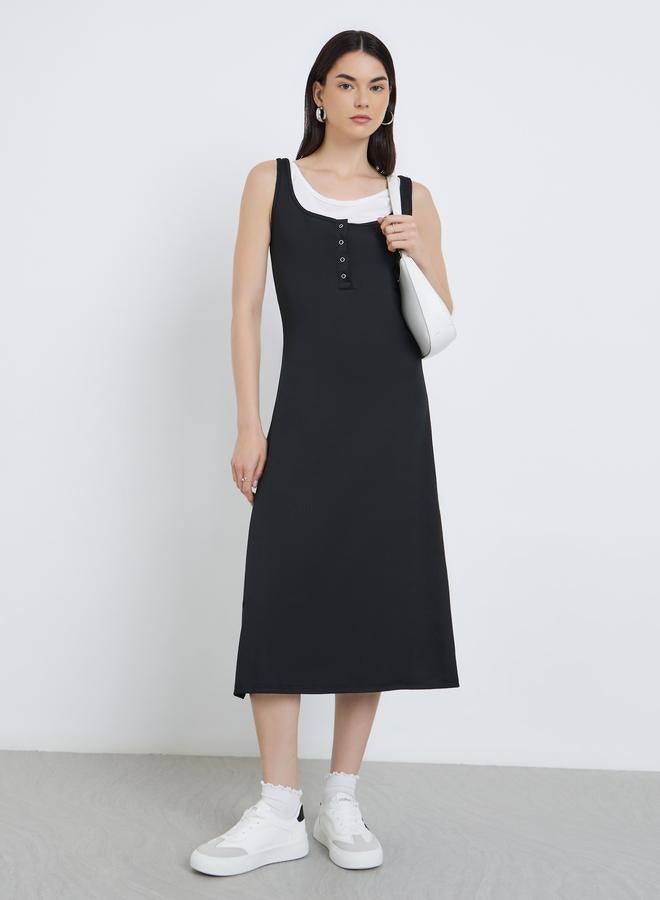 Take Two Contrast Fake Two Piece Sleeveless Midi Dress - Image 3