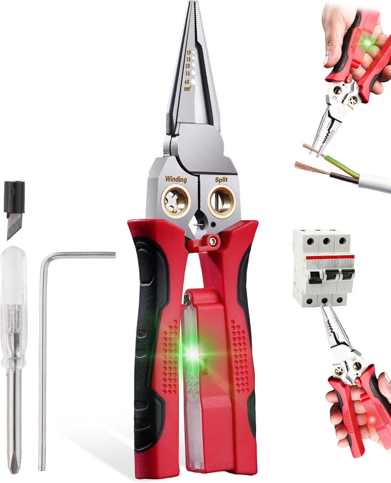 FAITIO 8 In 1 Wire Strippers with Voltage Tester, Cable Strippers/Cutters with Plier, Crimper, Splitting, Wire Stripper Tools for 10-18 AWG for Electrician Work Wire Stripping Tool RED - Image 1