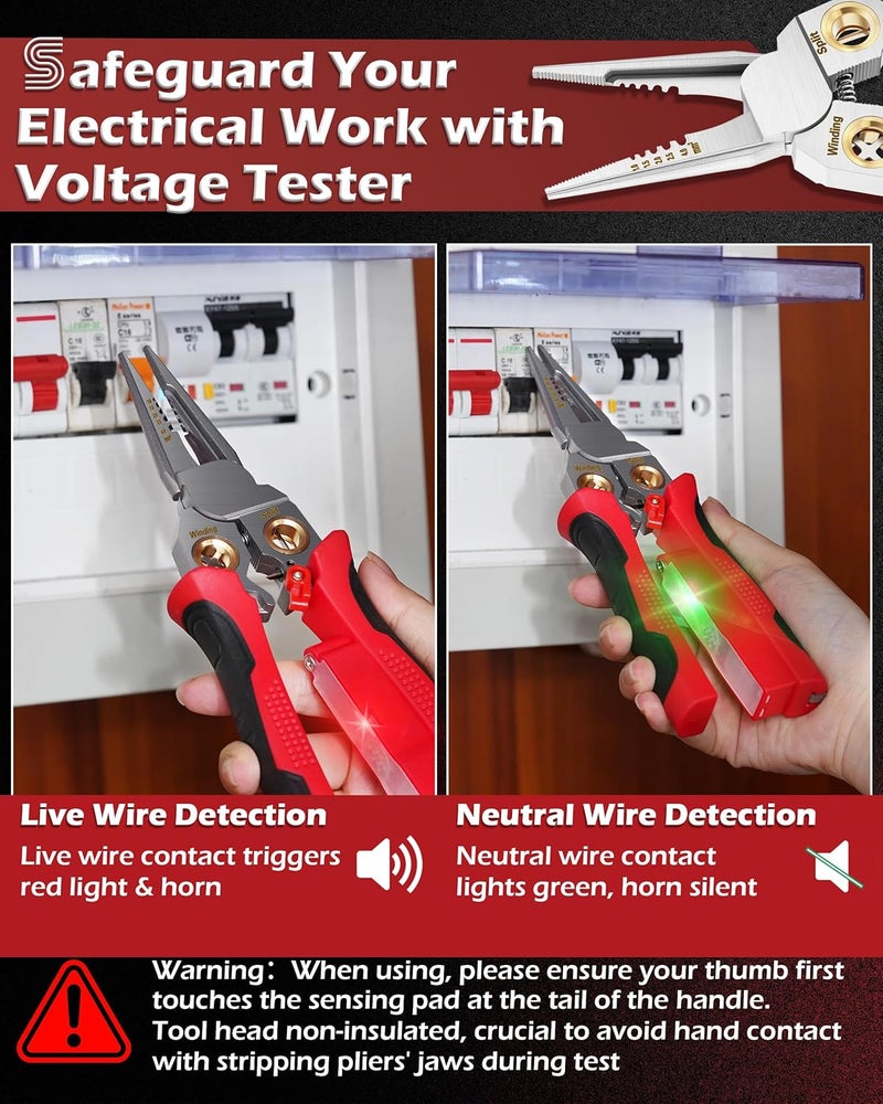 FAITIO 8 In 1 Wire Strippers with Voltage Tester, Cable Strippers/Cutters with Plier, Crimper, Splitting, Wire Stripper Tools for 10-18 AWG for Electrician Work Wire Stripping Tool RED - Image 5