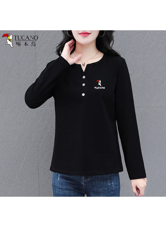 Wood Pure Cotton Long Sleeve T-shirt Women Autumn Winter New Shoulder Plus Size Fashion Loose Slim Fit Base Shirt Top Orange L
