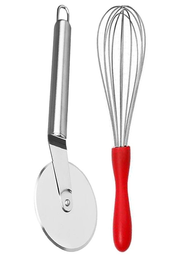 JISUN Stainless Steel Egg Whisk/Egg Beater/Steel Whisk & Pizza Cutter Silver Kitchen Tool Set (Design 6) - Image 1