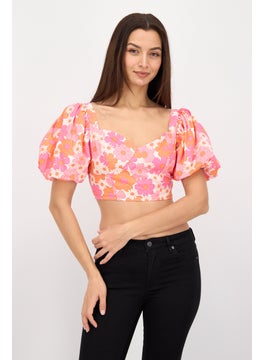 Collective The Label Women Sweet Heart Neck Short Sleeve Floral Print Top, Pink Combo  - Image 1