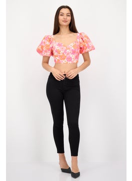 Collective The Label Women Sweet Heart Neck Short Sleeve Floral Print Top, Pink Combo  - Image 4