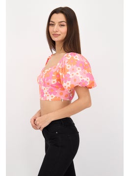 Collective The Label Women Sweet Heart Neck Short Sleeve Floral Print Top, Pink Combo  - Image 3