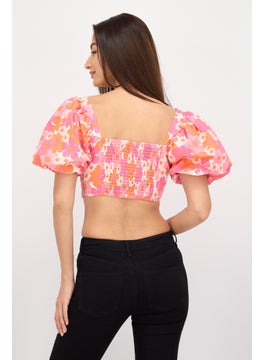Collective The Label Women Sweet Heart Neck Short Sleeve Floral Print Top, Pink Combo  - Image 2