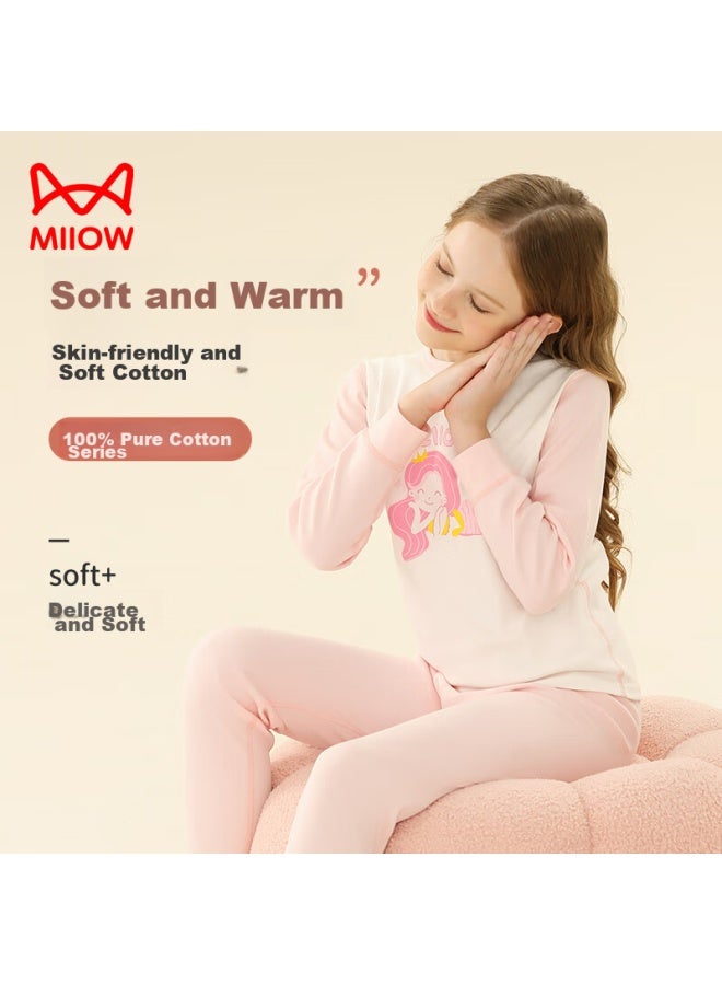 MIIOW Children's Thermal Underwear Set, Pure Cotton Children's Autumn Clothes And Pants, Girls' Cotton Sweater Pajamas, Mermaid Style, Size 130 - Image 2