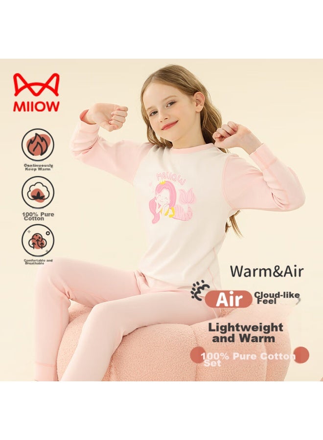 MIIOW Children's Thermal Underwear Set, Pure Cotton Children's Autumn Clothes And Pants, Girls' Cotton Sweater Pajamas, Mermaid Style, Size 130 - Image 1