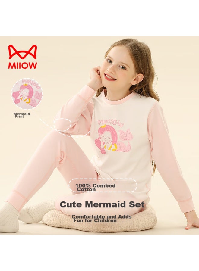 MIIOW Children's Thermal Underwear Set, Pure Cotton Children's Autumn Clothes And Pants, Girls' Cotton Sweater Pajamas, Mermaid Style, Size 130 - Image 3