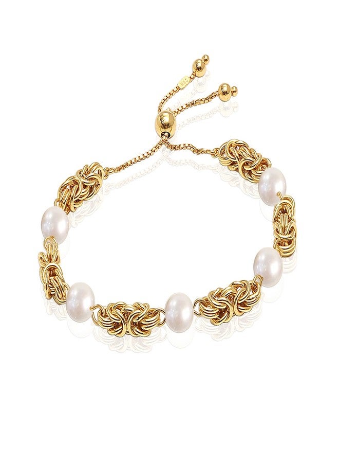 LeCalla 925 Sterling Silver Byzantine Bolo Bracelet | 14K Gold-Plated Silver Jewelry | Byzantine Link Simulated Pearl Beaded Sliding Bracelet for Women - Image 1