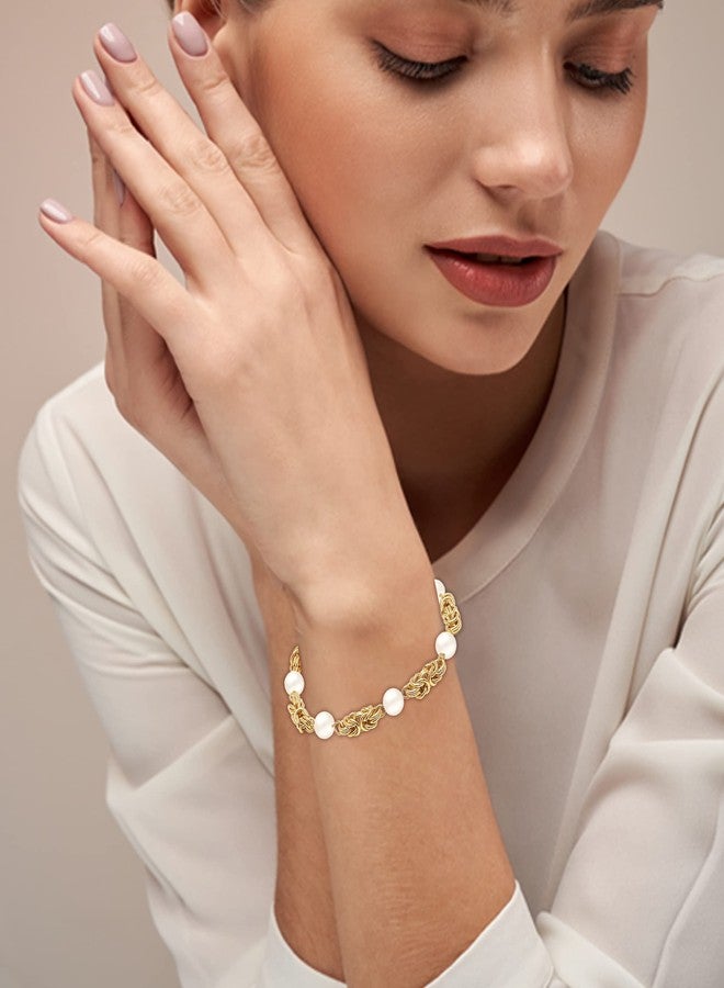 LeCalla 925 Sterling Silver Byzantine Bolo Bracelet | 14K Gold-Plated Silver Jewelry | Byzantine Link Simulated Pearl Beaded Sliding Bracelet for Women - Image 2