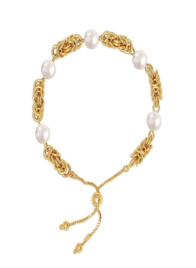 LeCalla 925 Sterling Silver Byzantine Bolo Bracelet | 14K Gold-Plated Silver Jewelry | Byzantine Link Simulated Pearl Beaded Sliding Bracelet for Women - Image 3