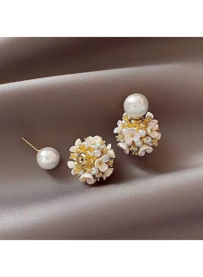 Earrings Silver Needle Zircon Pearl Flower French Retro Shell Spherical Stud Earrings Super Fairy Temperament Versatile Earrings - Image 2