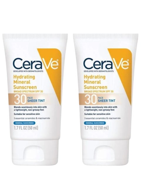 CeraVe Tinted Sunscreen with SPF 30 | Hydrating Mineral Sunscreen With Zinc Oxide & Titanium Dioxide | Sheer Tint for Healthy Glow | 1.7 Fluid Ounce(Pack of 2)