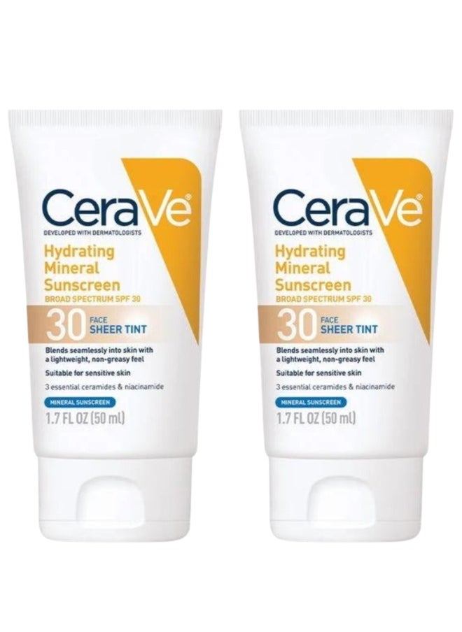 CeraVe Tinted Sunscreen with SPF 30 | Hydrating Mineral Sunscreen With Zinc Oxide & Titanium Dioxide | Sheer Tint for Healthy Glow | 1.7 Fluid Ounce(Pack of 2)