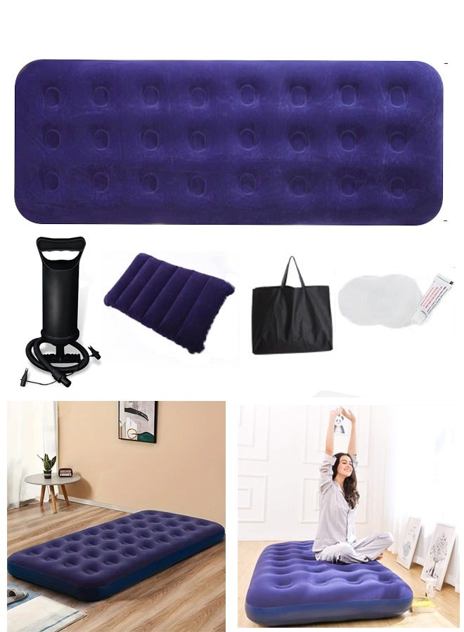 ZCM-HAPPY Thick Foldable Outdoor Camping Air Flocking Mattress - Portable, Inflatable, Ultra Comfortable with Hand Pump, Air Pillow and Accessories, Ideal for Camping, Hiking and Travel (191x73x22 cm) - Image 1