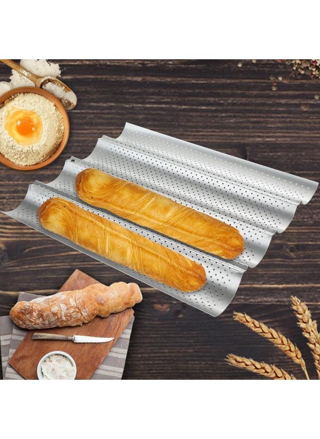 yongsheng - 1 Pack Nonstick Perforated Baguette Pan 38*33cm for French Bread Baking 4 Wave Loaves Loaf Bake Mold Oven Toaster Pan (Silver) - Image 1