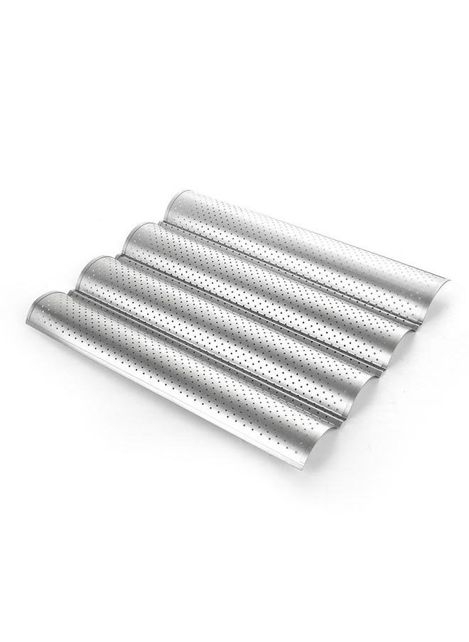 yongsheng - 1 Pack Nonstick Perforated Baguette Pan 38*33cm for French Bread Baking 4 Wave Loaves Loaf Bake Mold Oven Toaster Pan (Silver) - Image 1
