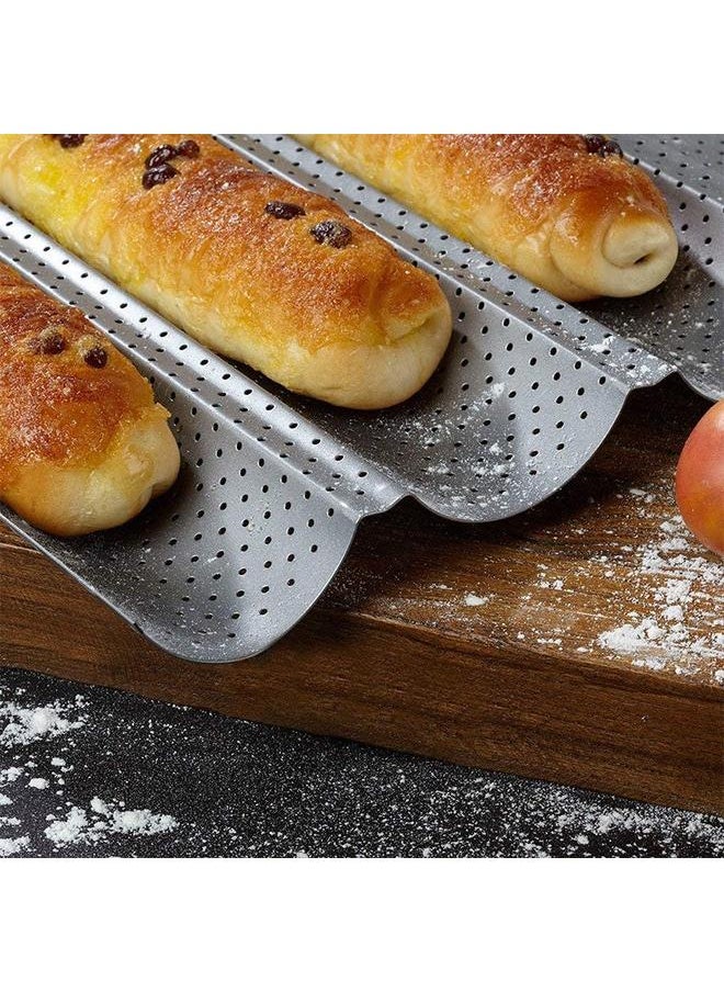yongsheng - 1 Pack Nonstick Perforated Baguette Pan 38*33cm for French Bread Baking 4 Wave Loaves Loaf Bake Mold Oven Toaster Pan (Silver) - Image 1