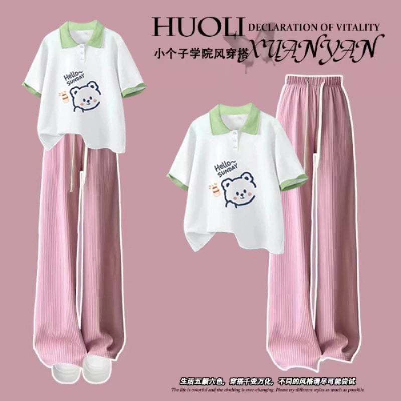 Girls Summer Fashion Set 2024 Korean Polo Top  Silk Pants Pink Pants White Polo Bear