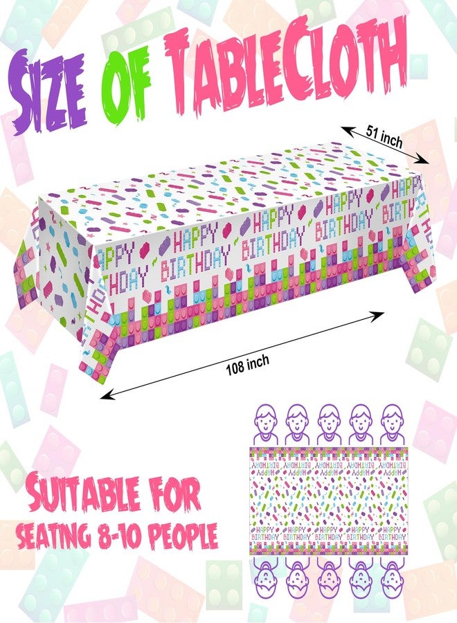 Oudain 3 Pcs Building Blocks Tablecloth 51 x 108 Inches Disposable Tablecover Birthday Theme Decorations Plastic Table Cover for Girls Blocks Party Decor Supplies Favor (Lovely Color) - Image 3