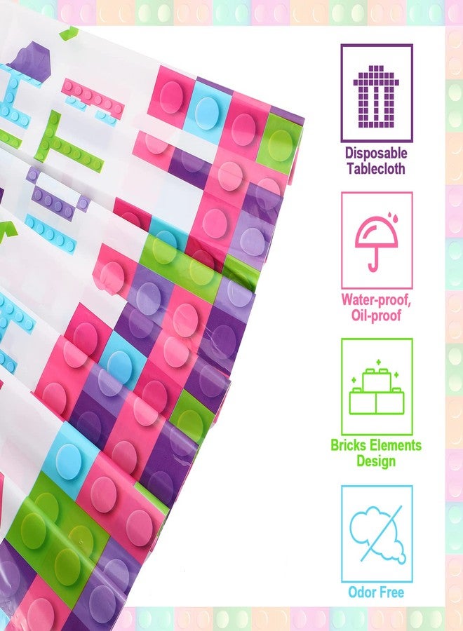 Oudain 3 Pcs Building Blocks Tablecloth 51 x 108 Inches Disposable Tablecover Birthday Theme Decorations Plastic Table Cover for Girls Blocks Party Decor Supplies Favor (Lovely Color) - Image 4