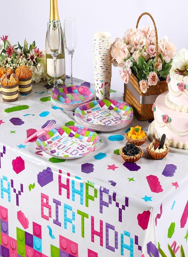 Oudain 3 Pcs Building Blocks Tablecloth 51 x 108 Inches Disposable Tablecover Birthday Theme Decorations Plastic Table Cover for Girls Blocks Party Decor Supplies Favor (Lovely Color) - Image 5