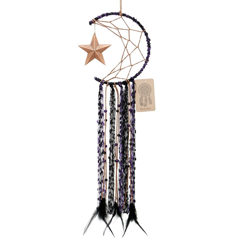 Dremisland Moon Dream Catcher Handmade Half Circle Moon Design Dream Catcher Feather Hanging with Star Home Decoration Ornament Festival Gift Purple