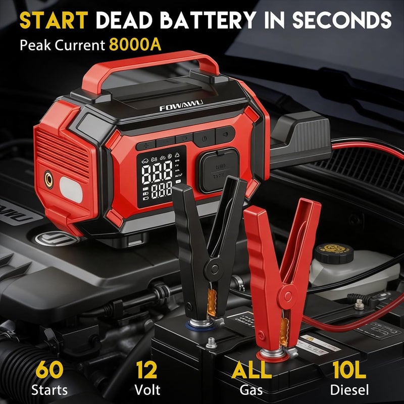 فواوو FOWAWU 8000A مشغل وضاغط هواء، منفاخ إطارات 150 PSI | 9 في 1: جميع البنزين/10 لتر ديزل، مشغل ذكي، بنك طاقة، إيقاف تلقائي، Type-C QC، ضوء LED - Image 2