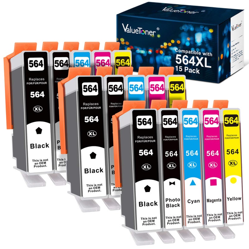 Valuetoner حزمة 15 من خراطيش الحبر Valuetoner 564XL بديل لطابعات HP لحزمة خراطيش الحبر HP 564 لطابعات Photosmart 7520 7525 7510 7515 B8550 B8553 B8558 C5324 C5370 (3 أسود، 3 أسود عميق و 3 ألوان CMY) - Image 1