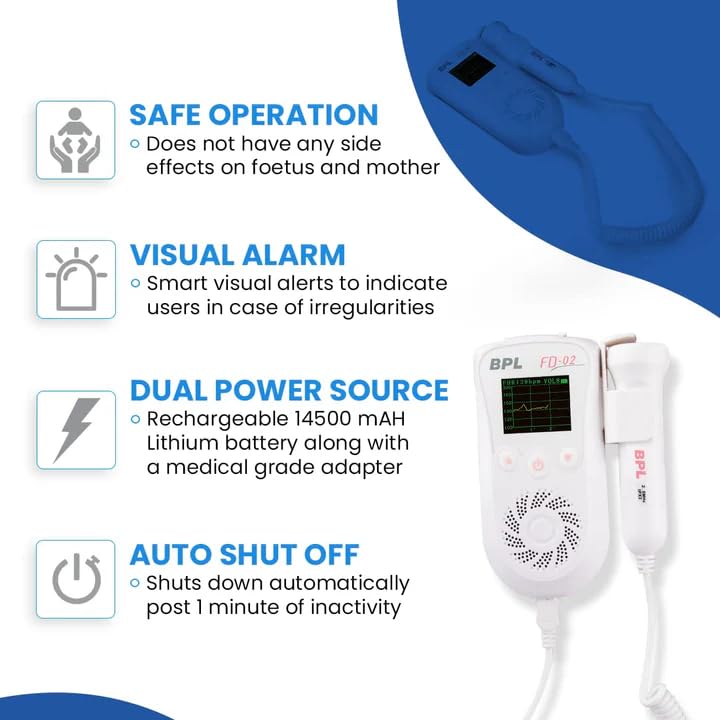 BPL Medical Technologies FD-02 Fetal Doppler Smart Noise Reduction & Heartbeat Detection Machine with in-Built Speaker for Home and Clinic Use - White - Image 5