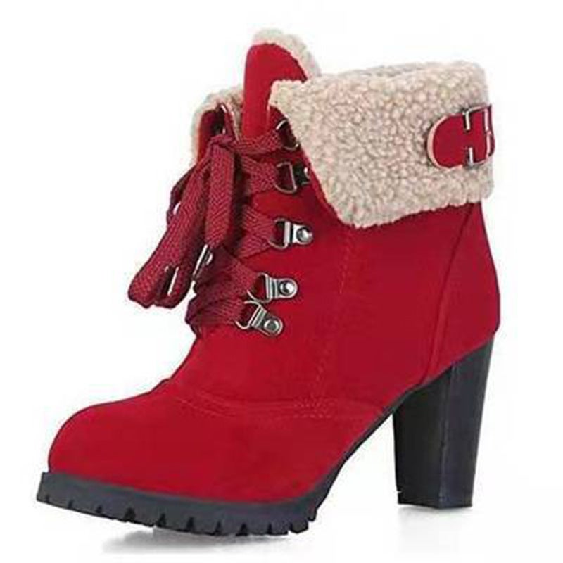 Supply Winter Short Barrel Pointed High Heel Thick Heel Lace-Up Platform Short Boots Women'S Boots Large Size Boots - Image 3