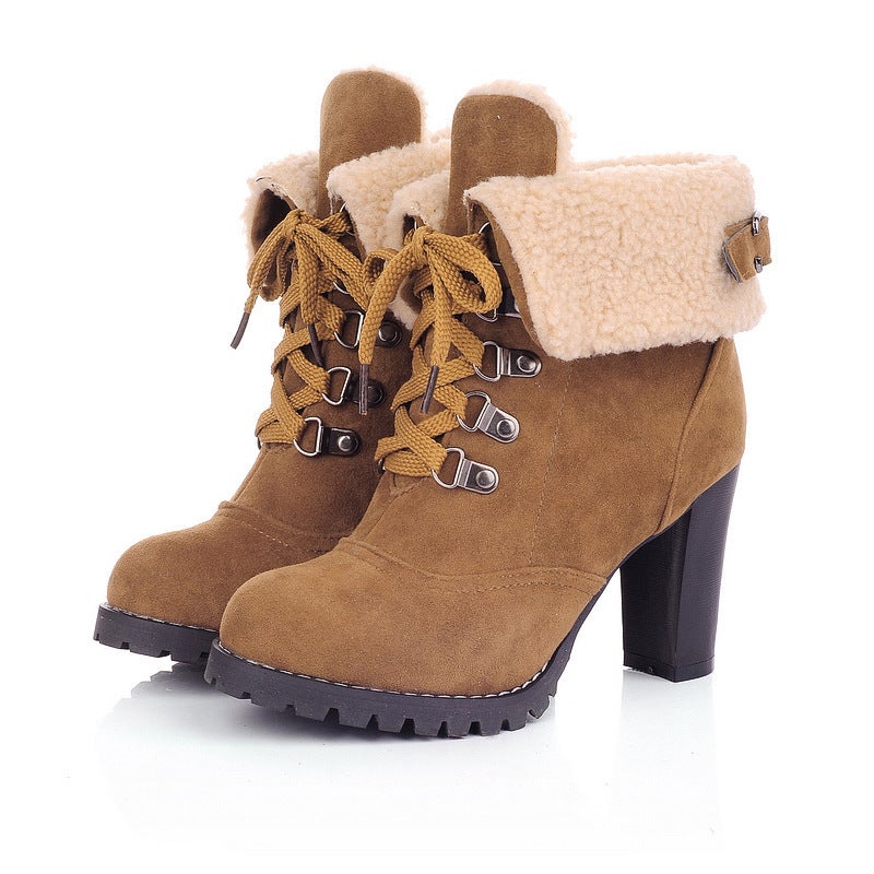 Supply Winter Short Barrel Pointed High Heel Thick Heel Lace-Up Platform Short Boots Women'S Boots Large Size Boots - Image 1