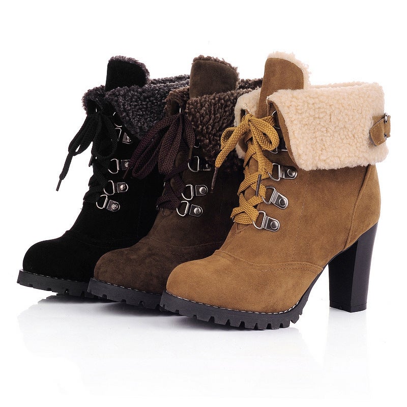 Supply Winter Short Barrel Pointed High Heel Thick Heel Lace-Up Platform Short Boots Women'S Boots Large Size Boots - Image 2