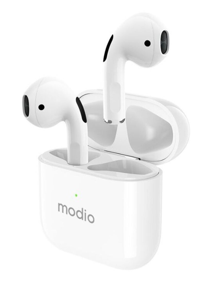 modio True Wireless Stereo Headset (White) with Free Case (Blue/Red) – Premium Sound, Comfortable Fit, and Convenient Charging Case - Image 4
