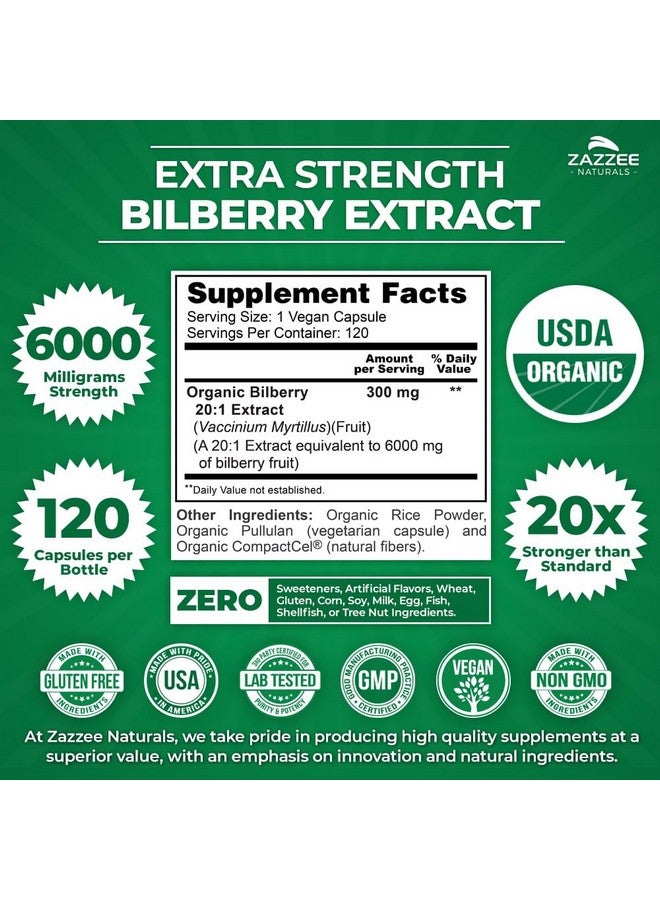 Zazzee USDA Organic Bilberry 20:1 Extract, 6000 mg Strength, 120 Vegan Capsules, 4 Month Supply, Standardized and Concentrated 20X Extract, 100% Vegetarian, All-Natural, Non-GMO, Made in The USA - Image 2