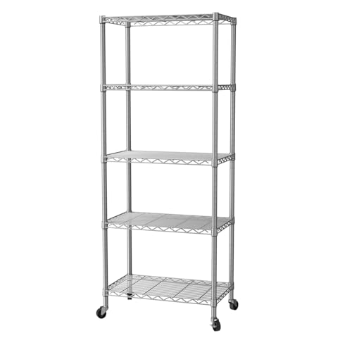 SINGAYE 5 Shelf Storage Wire Shelves Closet Bathroom Organizers Metal Pantry Kitchen Garage Shelving Unit Laundry Room Organization Home Narrow Rack Net Basket with Wheels Silver - Image 1