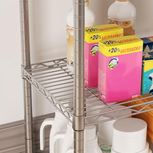 SINGAYE 5 Shelf Storage Wire Shelves Closet Bathroom Organizers Metal Pantry Kitchen Garage Shelving Unit Laundry Room Organization Home Narrow Rack Net Basket with Wheels Silver - Image 3