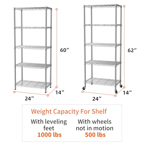SINGAYE 5 Shelf Storage Wire Shelves Closet Bathroom Organizers Metal Pantry Kitchen Garage Shelving Unit Laundry Room Organization Home Narrow Rack Net Basket with Wheels Silver - Image 4